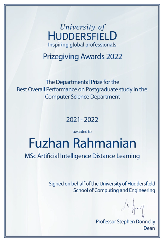The Departmental Prize for the Best Overall Performance on Postgraduate study in the Computer Science Department